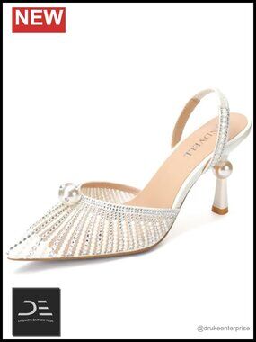 Slingback Heels Kitten Heel Closed Toe Pearl Rhinestone Sparkly Pumps Wedding